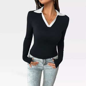 Womens Color Block V Neck Polo Shirts Bodycon Long Sleeve Tops Business Casual Collared Work Top Slim Fitted Stretchy Basic Shirts - 1 of 4