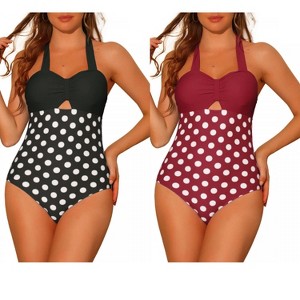 Elerevyo Women's Halterneck Polka Dot Monokini Tummy Control Cut Out String Swimsuit Bathing Suits 2 Sets - 1 of 4