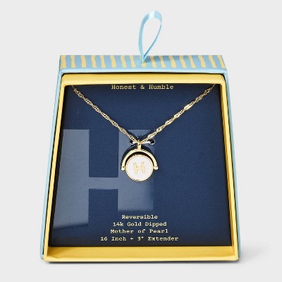 14K Gold Dipped Crystal and Mother of Pearl Circle Spinner Initial Necklace - A New Day™