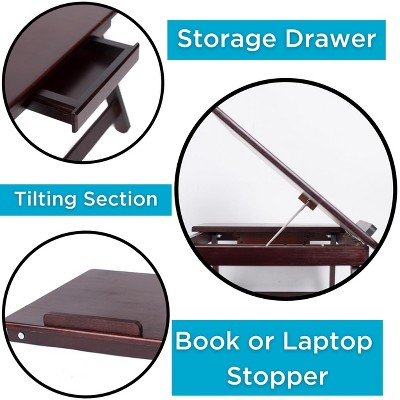 Adjustable Walnut Bamboo Laptop Bed Tray with Storage Drawer