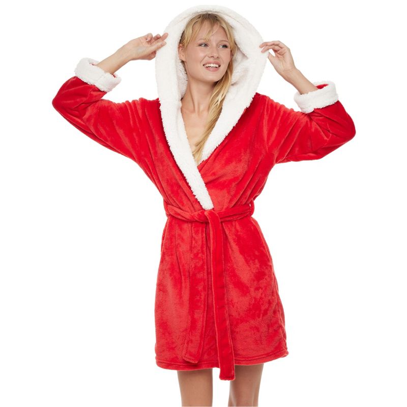 Santa's Helper Red Christmas Hooded Robe for Women, 1 of 4