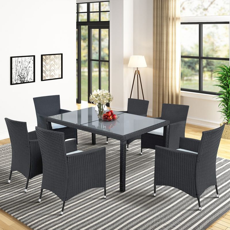 7PCS Outdoor Wicker Dining set with a Tempered Glass Table, 6 Armchairs, Black, 4A -ModernLuxe, 2 of 16