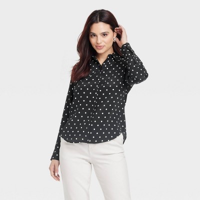 Women's Long Sleeve Collared Button-Down Shirt - A New Day™ Black Polka Dots