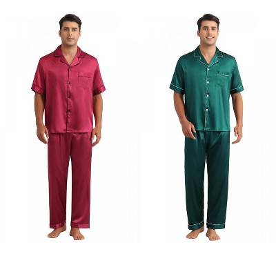 INSPIRE CHIC Men's 2 Pack Casual Sleepwear Short Sleeve Satin Pajamas Sets