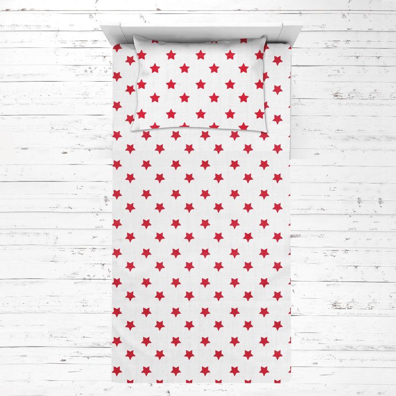 Bacati - Stars Red Muslin 3 pc Toddler Bed Sheet Set 100 percent cotton, 3 of 7