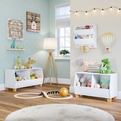 White MDF Floating Wall Shelf with Wooden Hooks