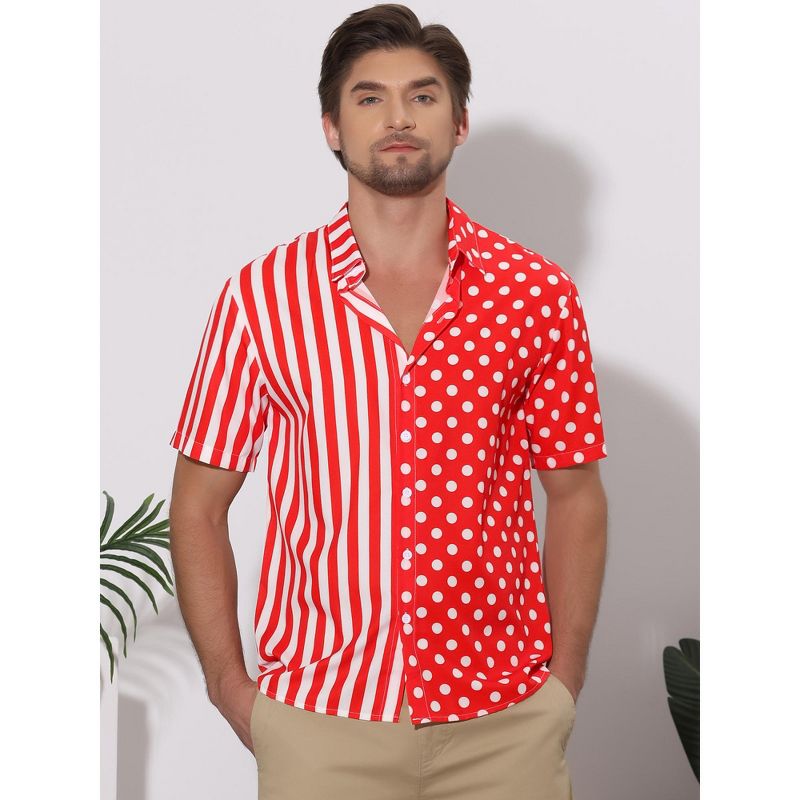 Lars Amadeus Men's Summer Stripe Polka Dots Short Sleeves Button Patchwork Hawaiian Shirt, 2 of 7