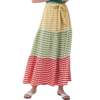Women's Plaid Color Block Belted Maxi Skirt - Urban Daizy