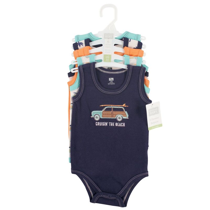 Hudson Baby Infant Boy Cotton Sleeveless Bodysuits 5pk, Surf Car, 3 of 4