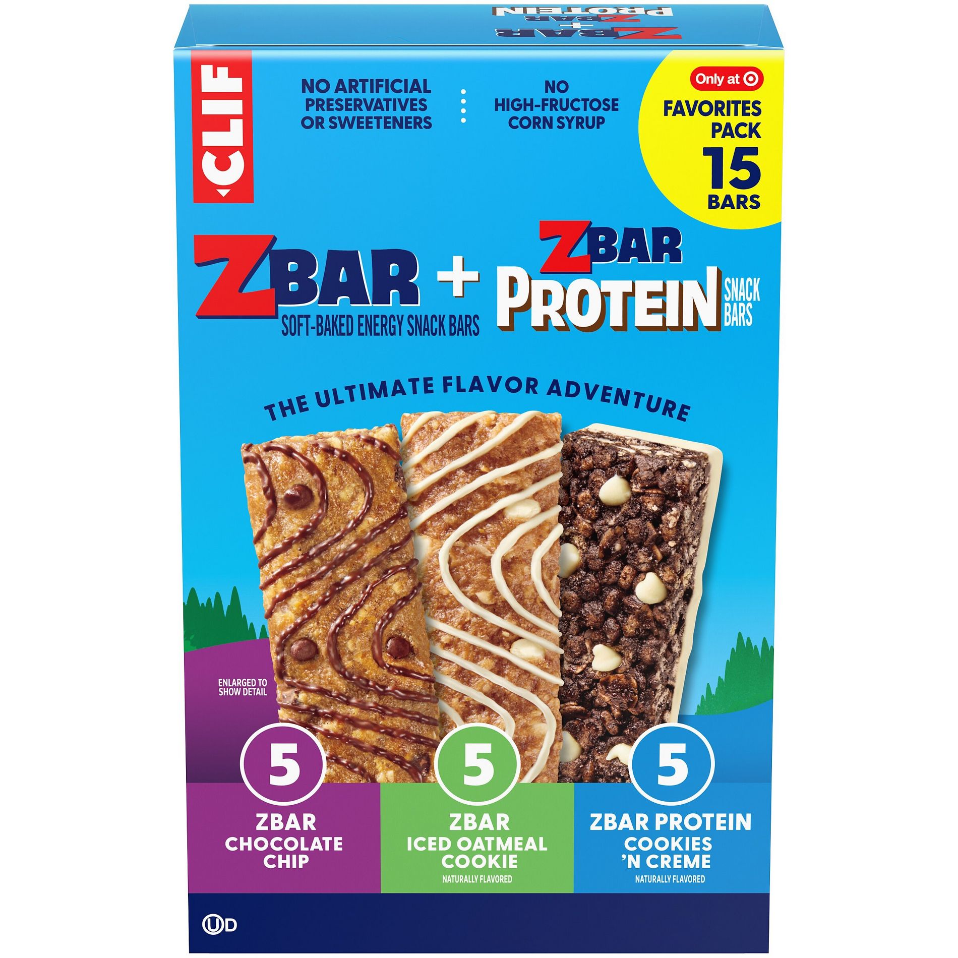 CLIF ZBAR and ZBAR PROTEIN Chocolate Chip, Iced Oatmeal Cookie, Cookies and Crème Granola Bar Variety Pack Made with Organic Oats - 19.05oz/15pk
