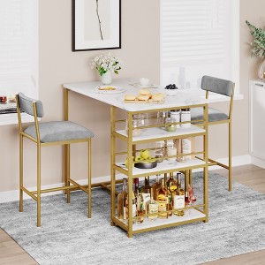 3-Piece Small Bar Table and Chairs with 3 Storage Shelves, Modern Dining Table with 2 Upholstered Bar Stools - 1 of 4