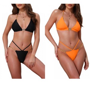 INSPIRE CHIC Women's Heart Rhinestones Chain-Linked Halter Top Triangle Bottoms Swimwear Bathing Bikini Suits 2 Sets - 1 of 4