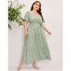 BLUEMING Plus Size Womens Dresses Floral Surplice A-Line Maxi Dress Waist Belted Floral Maxi Dress Wasit Tie Bell Sleeve Dress - 3 of 4