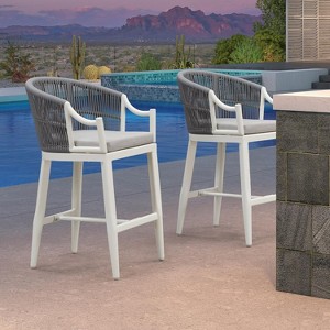 PURPLE LEAF Outdoor Bar Stools Set of 2 Patio Wicker Modern High Bar Chairs Metal Cushioned Barstools with Backs and Ergonomic Armrest - 1 of 1