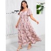 Womens Plus Size V Neck Summer Dress Layered Floral Print Long Maxi A Line Boho Dress - 3 of 4