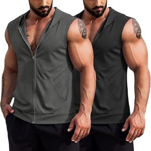 COOFANDY Men's Workout Hooded Tank Tops 2 Pack Zip Up Sleeveless Gym Shirts Muscle Cut Off T Shirt Bodybuilding Hoodies - 1 of 4