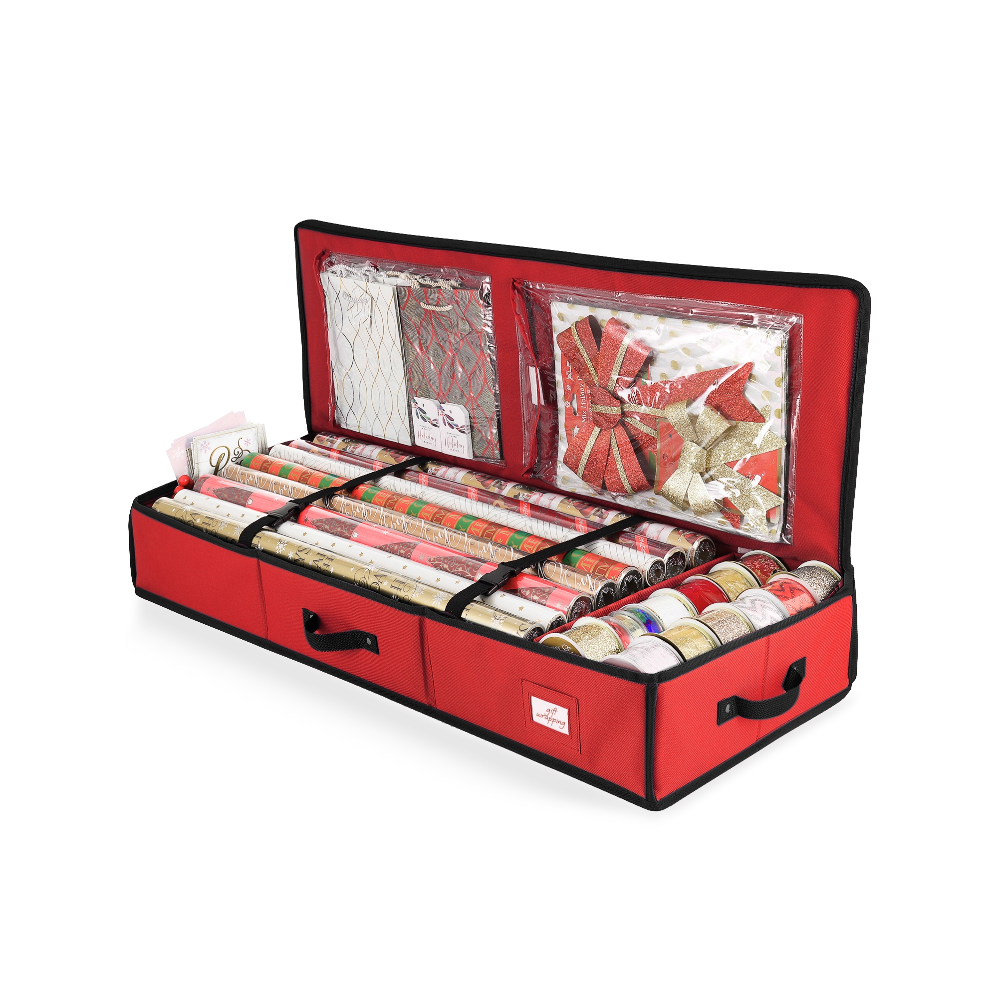 Hearth & Harbor Wrapping Paper Storage Container - Christmas Storage Bag with Interior Pockets - Fits Up to 22 Rolls of 40" - Red