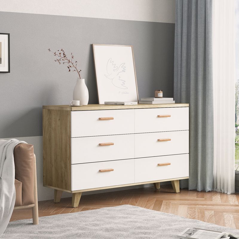 Modern 6 Drawer Dresser with Wooden Leg and Handle, Brown+White - ModernLuxe, 2 of 14