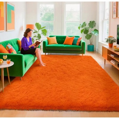 Orange Shag Rug, Ultra Soft 1.7" Thick, Non-Slip, 100% Polyester, Square & Round for Bedroom/Living Room