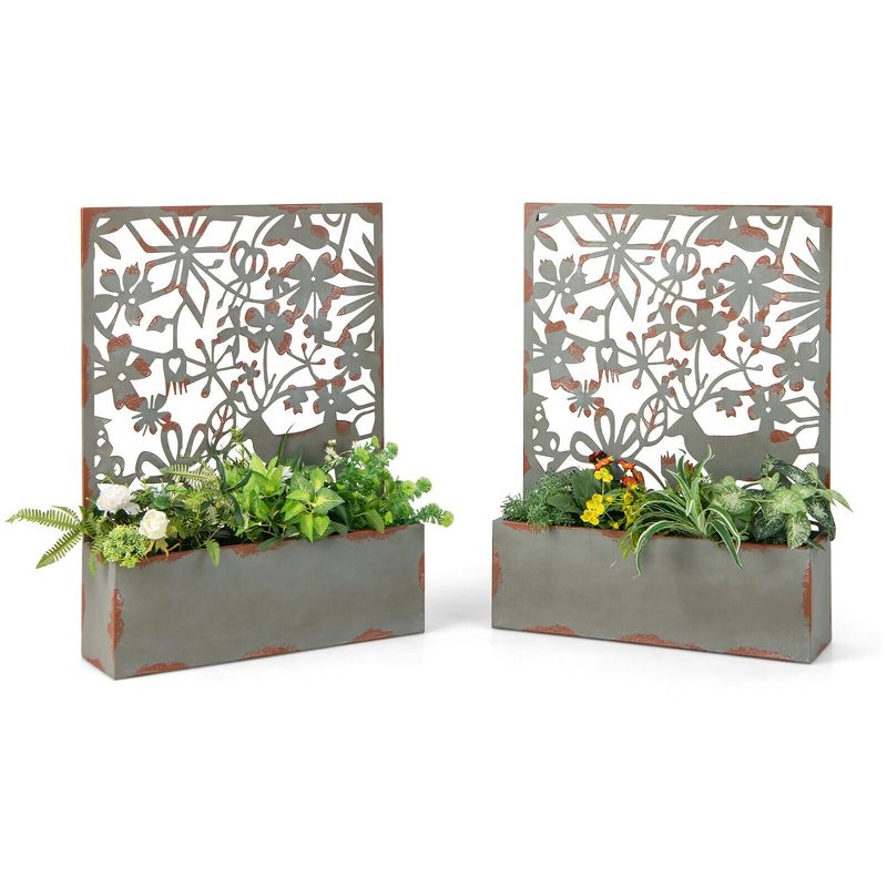 Tangkula Set of 2 Decorative Raised Garden Bed Wall-mounted Metal Planter Box w/ Trellis, 1 of 11