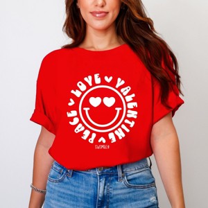 S.W.Smiley Peace Love Valentine Smiley - Women's Garment Dyed Graphic T-Shirt - 1 of 4