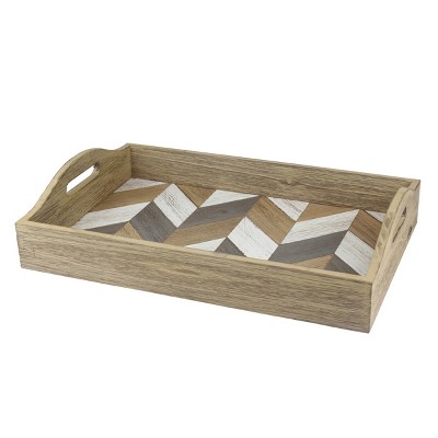 18" x 12" Country Rustic Wooden Chevron Serving Tray Brown - Stonebriar Collection:Cutout Handles