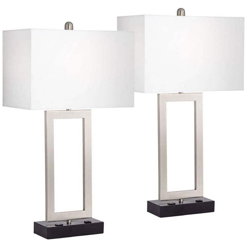 360 Lighting Todd 30" Tall Large Modern End Table Lamps Set of 2 USB Port AC Power Outlet Silver Brushed Nickel Finish Metal Living Room Charging, 1 of 10