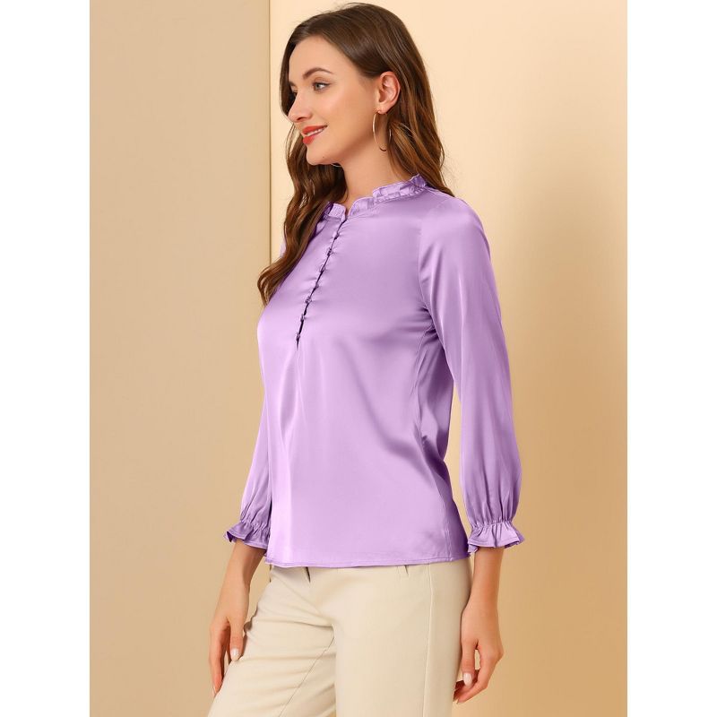 Allegra K Women's Ruffle Neck Long Sleeve Elastic Cuff Button Work Office Satin Shirt Blouse, 4 of 7