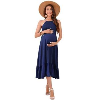 Maternity Halter Neck Dress Sleeveless Summer Casual Smocked Spaghetti Strap Maxi Dress Photoshoot Baby Shower