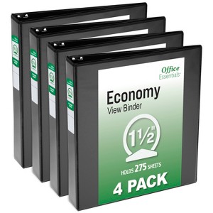 Office Essentials Economy View 3 Ring Binders, 1.5" Round Rings, 2.1" Spine, 275-Sheet Capacity, Black Binders (4-Pack of 03129) - 1 of 4