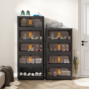 ACEPANO 23.62 in. W 5 Tiers Foldable Plastic Storage Cabinet with Magnetic Door & Wheels-Black - 1 of 4