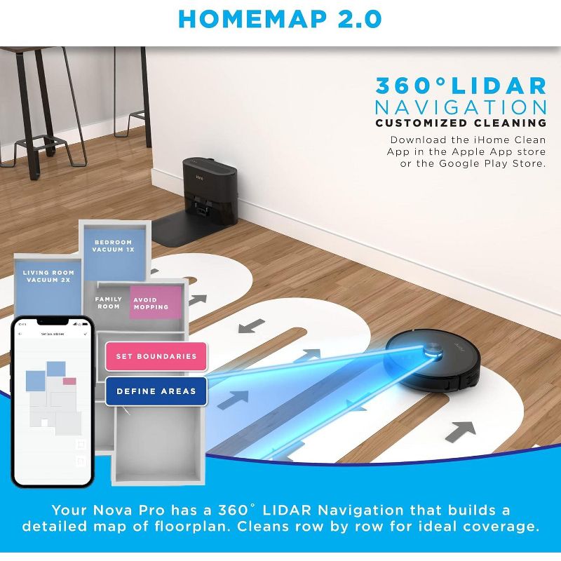 iHome iHRVS1PRO-3BLK-RB AutoVac Nova S1 Pro Self Empty LIDAR Mapping, 150 Min Runtime, Strong Suction Robot Vacuum - Certified Refurbished Grade B, 2 of 9