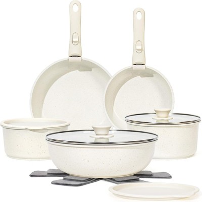 BRINJOY 15-Piece Nonstick Cookware Set with Removable Handles - Oven-Safe, Induction Compatible, Space-Saving Stackable Design (White)