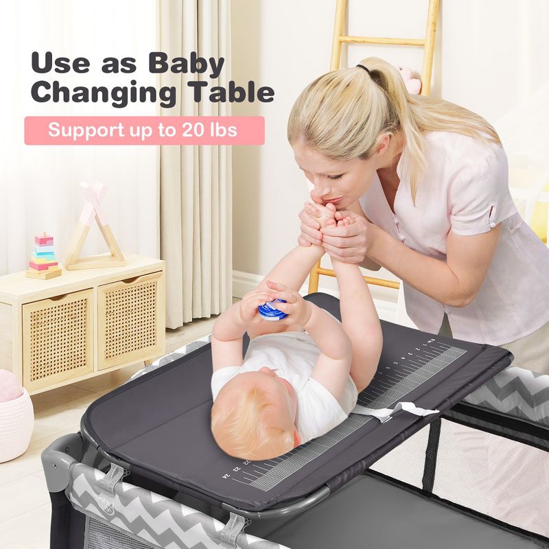 Babyjoy 3 in 1 Baby Playard Portable Infant Nursery Center w/ Zippered Door Pink/Grey/Pink & White/Green, 4 of 11