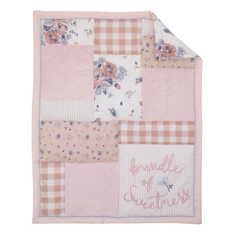 NoJo Farmhouse Chic Pink, Periwinkle, and White Floral, Stripes, Gingham, and Velvet 'Bundle of Sweetness' 4 Piece Nursery Crib Bedding Set, 2 of 10