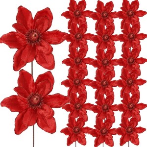 Christmas Decorations, Artificial Christmas Flowers 20 Pcs 6.3 in Red - Glitter Velvet Magnolia with Stem - 1 of 4
