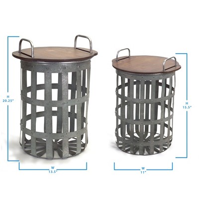 Galvanized Wood-Top Metal Drum Side Tables, Set of 2