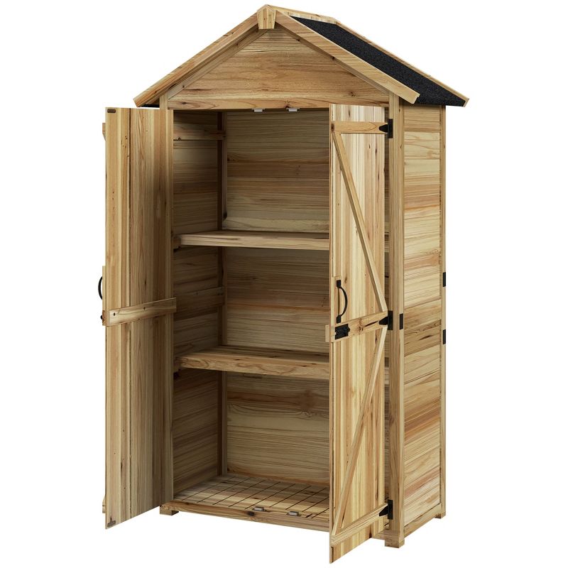 Outsunny Outdoor Storage Cabinet with Asphalt Roof, Wooden Garden Shed with Lockable Doors and Shelves, Wood Tool Shed for Backyard, Patio, Natural, 3 of 6