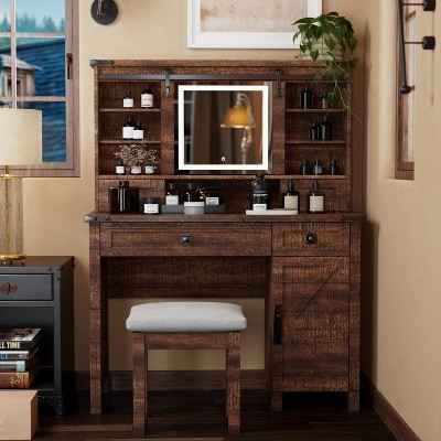 Farmhouse Makeup Vanity Tables with Sliding Lighted HD mirror, Vanity Desk with Glass Tabletop for Bedroom, Stool Included