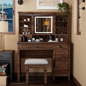 Farmhouse Makeup Vanity Tables with Sliding Lighted HD mirror, Vanity Desk with Glass Tabletop for Bedroom, Stool Included - 1 of 4