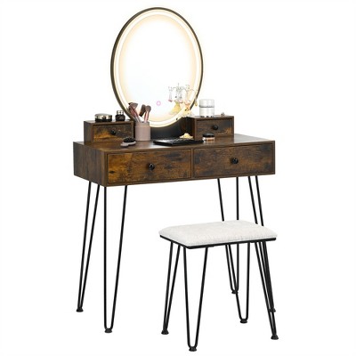 Costway Industrial Vanity Makeup Dressing Table Padded Stool Set 3-Color Lighted Mirror
