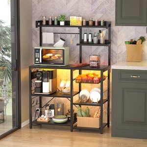 Aheaplus Kitchen Storage Shelf with Hooks, Coffee Bar Station with Power Outlets & LED Light, Bakers Rack with Pull-Out Basket - 1 of 4
