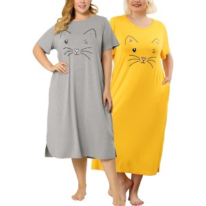 Agnes Orinda Women's Plus Size Cute Cat Print Short Sleeve with Pockets Nightgowns - 1 of 4