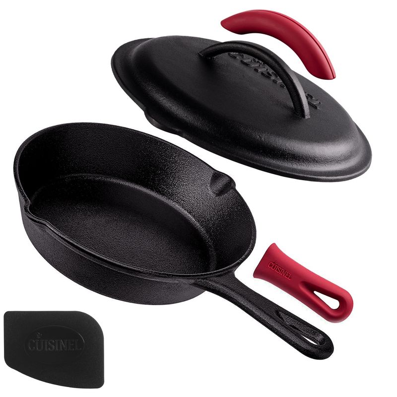 Cuisinel Cast Iron Skillet with Lid - 8"-inch Pre-Seasoned Covered Frying Pan Set + Silicone Handle and Lid Holders + Scraper/Cleaner, 1 of 5