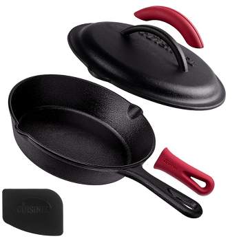 Cuisinel Cast Iron Skillet with Lid - 8"-inch Pre-Seasoned Covered Frying Pan Set + Silicone Handle and Lid Holders + Scraper/Cleaner