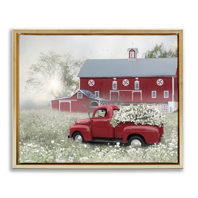 Stupell Industries Red Truck Floral Country Meadow Black Framed Floater Canvas Wall Art