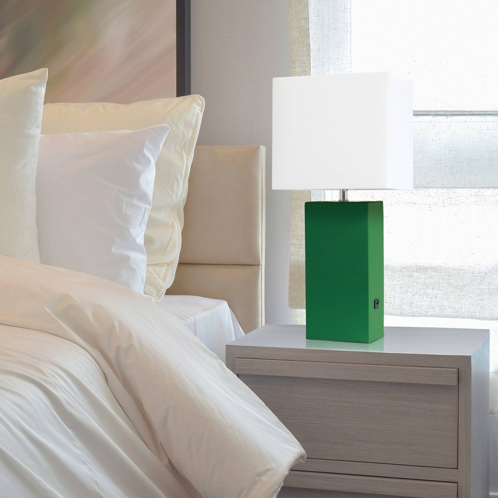 Modern Leather Table Lamp with USB, White Linen Shade - Elegant Designs Green: No Assembly, UL Listed