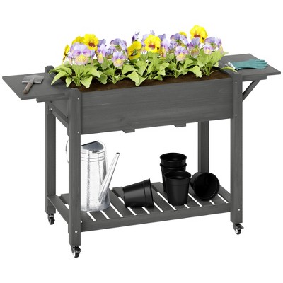 Outsunny Raised Garden Bed, Wood Elevated Planter Box with Lockable Wheels, Side Tables, Bottom Shelf, Bed Liner and Drainage Holes