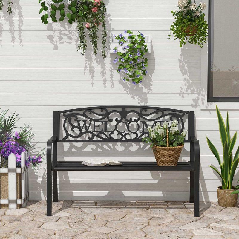 Outsunny 50" Outdoor Metal Welcome Bench, Powder Coated Cast Iron Sign & Steel Frame, 2 Person Bench with Antique Vine Motifs & Slatted Seat, Black, 3 of 8