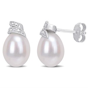 EVERLY JEWELRY | Sterling Silver 6.5-7mm Cultured Freshwater Pearl and Diamond Accent Swirl Stud Earrings - 1 of 4